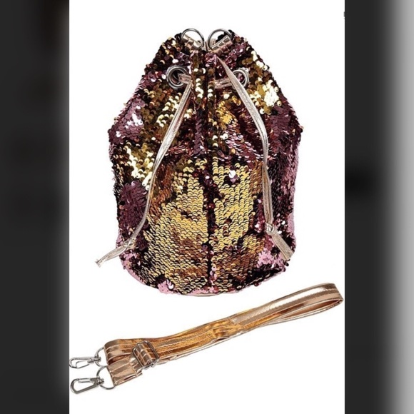 Pink Gold metallic mermaid sequin mini bucket bag - Picture 3 of 5